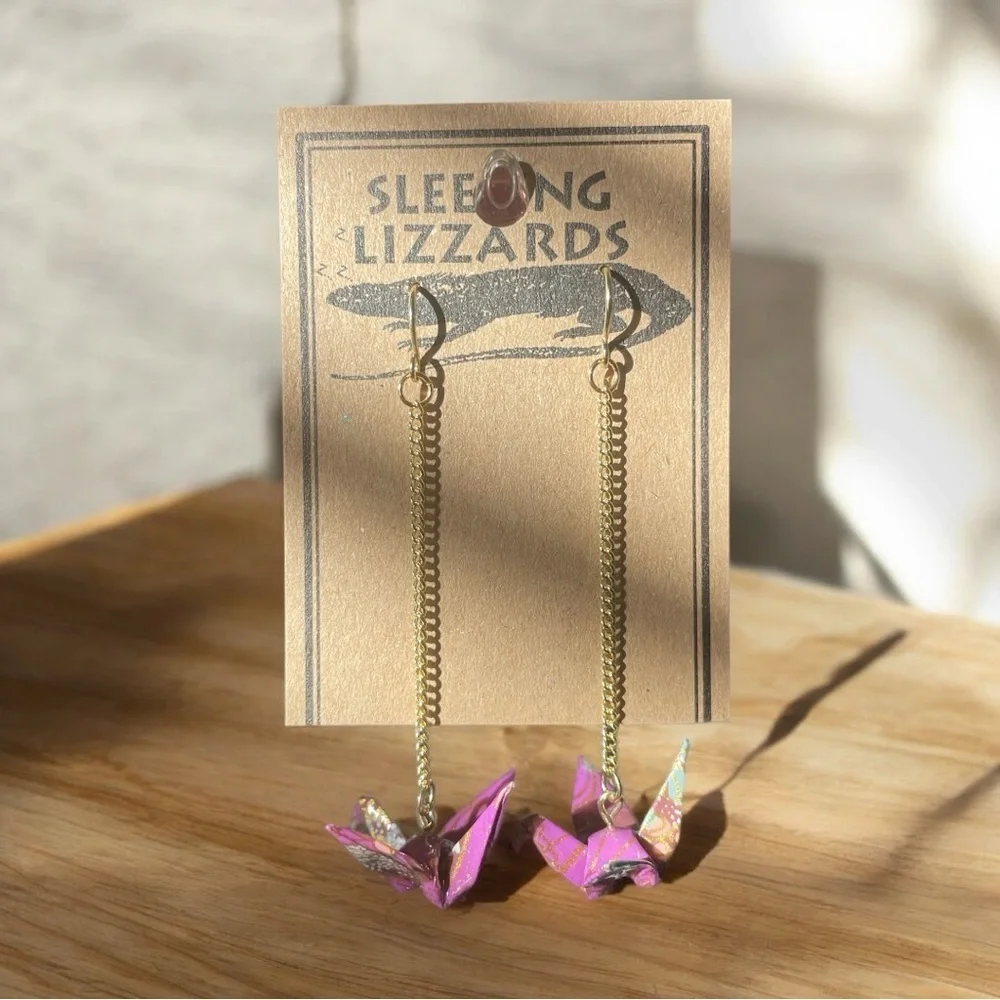 Sleeping Lizzards Purple Origami Drop Earrings